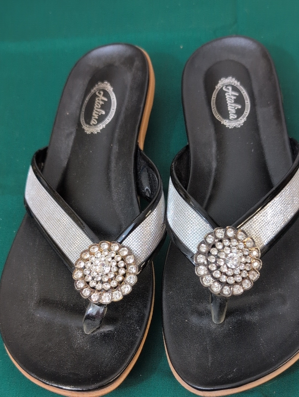 Adalina Women's Black Rhinestone Jewel Thong Sandals